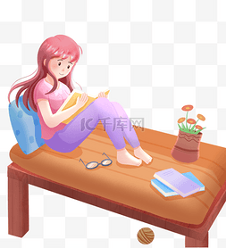 女孩悠闲坐凳子看书