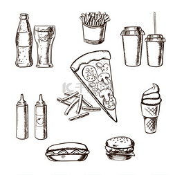 芝士食物图片_快餐素描，包括比萨饼和炸薯条，
