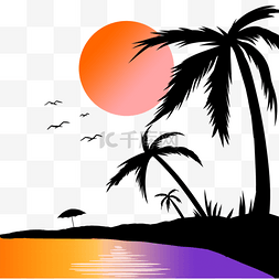 夏季棕榈图片_复古夏日海滩棕榈度假剪影印花