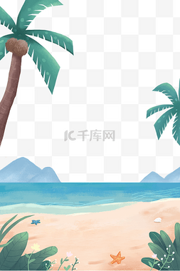 夏季清新沙滩大海远山椰子树
