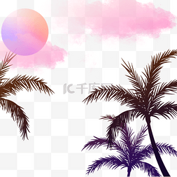 粉色渐变云朵图片_粉色太阳云彩下的椰树夏季夜晚边