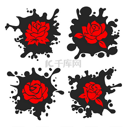 红玫瑰黑色背景图片_墨水染上了红玫瑰的轮廓墨水染上