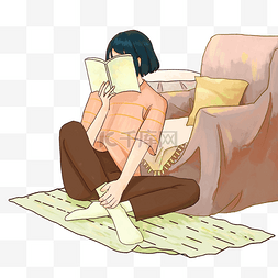 靠着的沙发图片_坐着看书的人