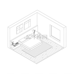 住宅内部模型图片_卧室卧室内部的线条图等轴测视图