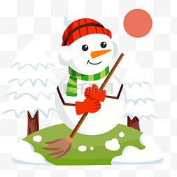 冬季雪地背景图片_卡通可爱拿着扫把扫雪的圣诞雪人