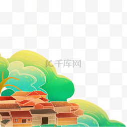 古风房子素材图片_中国风古风国潮风树丛建筑描线