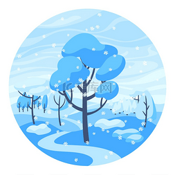 冬天天空图片_与森林、树和灌木的冬天风景。