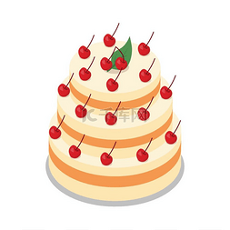 在用许多樱桃装饰的三层的蛋糕。
