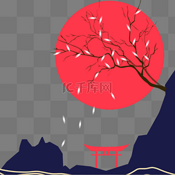 日本山脉图片_红日下的山川河流日本风格边框