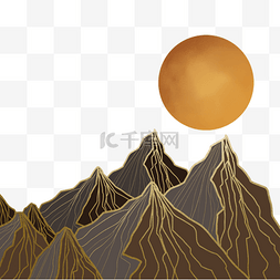 抽象卡通山峰金色日出山脉