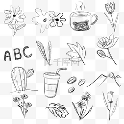 黑白花卉线条图片_铅笔涂鸦线条草图草稿套图