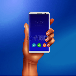 蓝色数字按钮图片_女性手中的白色智能手机渐变蓝色