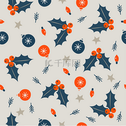 矢量蓝色圣诞球图片_浅色背景上的无缝圣诞冬季图案橙
