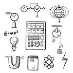 科学素描图标设置有物理符号，如磁铁、电力、原子模型、磁场、书籍、公式、方案和工具。