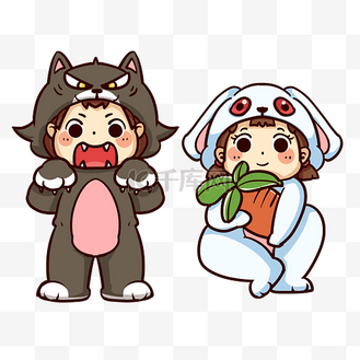 卡通q版情侣大灰狼小白兔