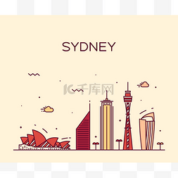 澳大利亚黑毛和牛图片_Sydney skyline trendy vector illustration lin