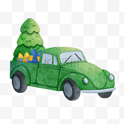 圣诞节绿色卡车和松树水彩