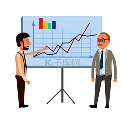 经济图表图片_两个商人站在黑板旁边，在白色背