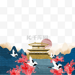 日本传统花纹图片_落日水彩金线水墨山水风景