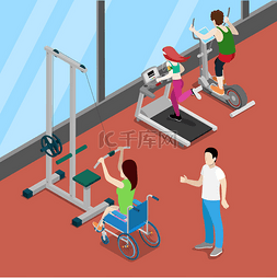 手绘室内运动图片_残疾妇女轮椅运动在健身房。残疾