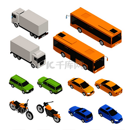 运输车插画风图片_两侧不同卡车客车的等距彩色城市