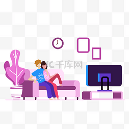 扁平看电影图片_家庭情侣观看电视剧插画