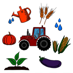 农业和农业食品图标与卡通拖拉机