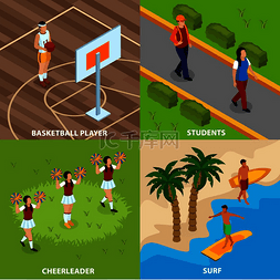 人们的职业等距设计概念与篮球运