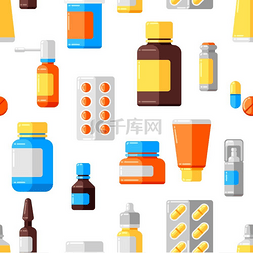 褐色药瓶图片_药瓶和药丸的无缝模式。