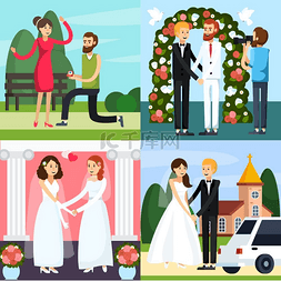 卡通时尚情侣图片_婚礼人物正交图标集四个正方形彩