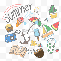 水果沙拉冰淇淋图片_夏季沙滩度假可爱涂鸦