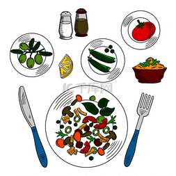 豌豆素描图片_素食沙拉配料五颜六色的盘子素描