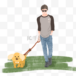 室外户外散步溜达遛狗盲人男孩