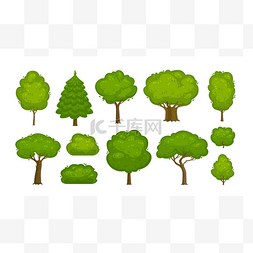 树木和灌木的图标集。森林, 自然,