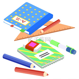 图形图形课程图片_课程用品矢量插图收集学习用品或
