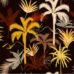 卡通背景色图片_复古热带森林暗夜树叶和树苗手绘