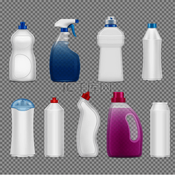 工具清洁图片_洗涤剂瓶组在透明背景上的逼真图