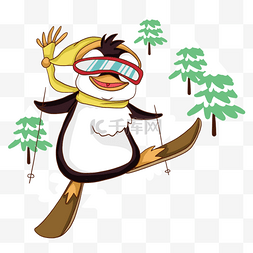 可爱滑雪运动的卡通企鹅