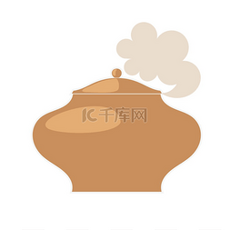 烹饪设备图片_白色背景带盖陶罐的矢量图解。