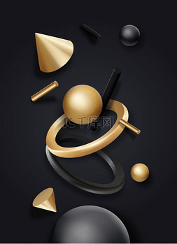 模型球体图片_黑色和金色的几何形状在黑暗的背