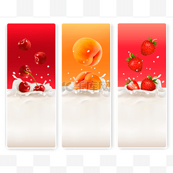 其他水果图片_三个水果和牛奶的标签。矢量.