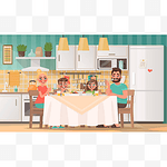 快乐的家庭在厨房吃饭。父亲、母亲、儿子和女儿在家的桌子上吃早餐。传染媒介例证在动画片样式.