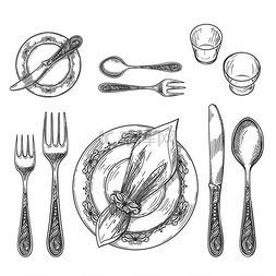 手绘餐具白色图片_表格设置图表格设置图手绘餐具餐
