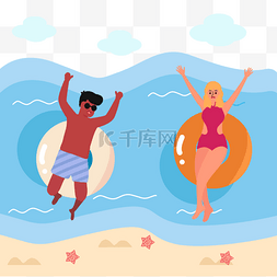 游泳的男女夏季海边人物插画