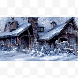 大雪中的房子图片_冰雪中的小屋水墨