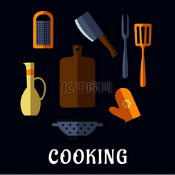 食品用具和厨具平面图标，带砧板