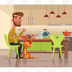 首页插画图片_有趣的快乐猫性格要求食品。矢量