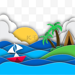 剪纸风格帆船海上航行椰树帐篷