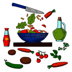 西红柿黄瓜沙拉图片_用切片的新鲜蔬菜烹制沙拉过程，