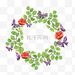 水彩花边框图片_彩色蝴蝶水彩枝叶红花边框